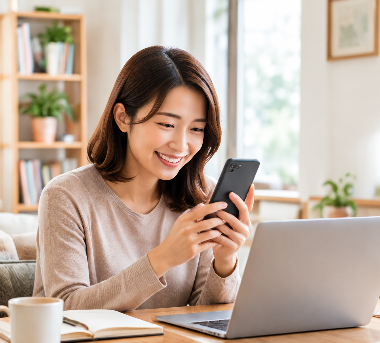 仕事の合間にスマートフォンを見る娘さん