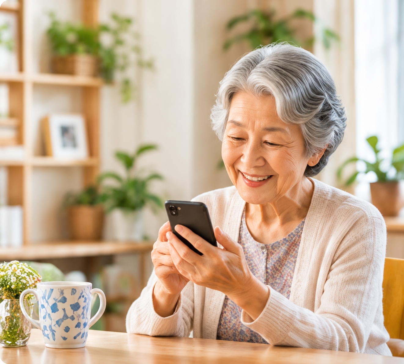 自宅でスマートフォンを使うお母さん